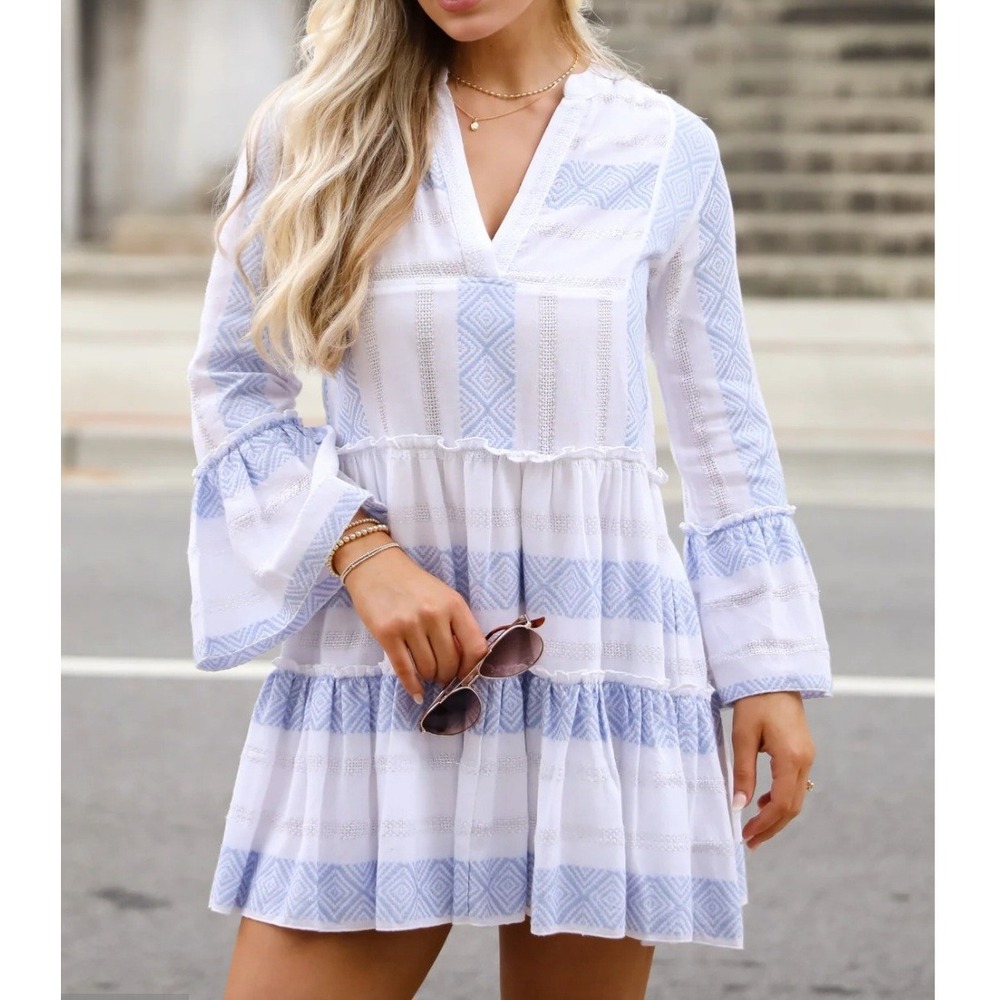 EN CRÈME White Blue Geometric Ruffle Tiered Bell Sleeve Mini‎ Dress Size S